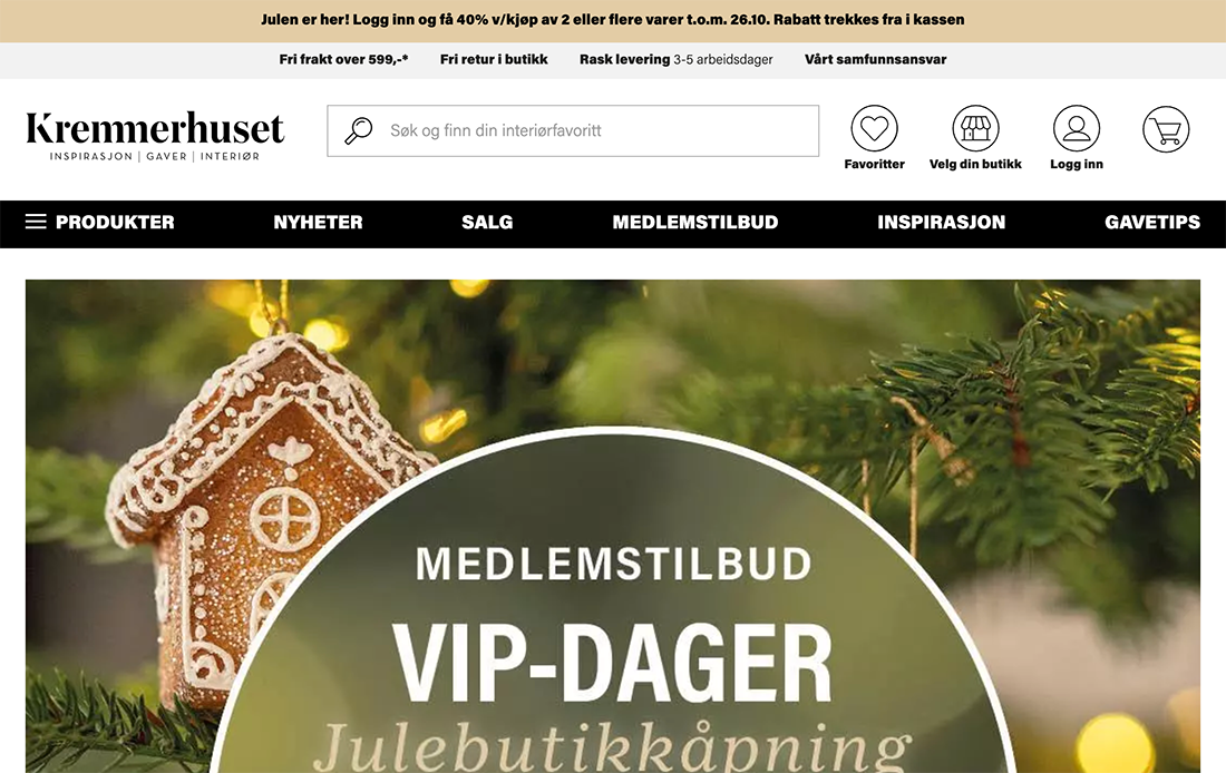 Skjermbilde av Kremmerhuset nettbutikk – stort utvalg av interiør, dekor og hageartikler