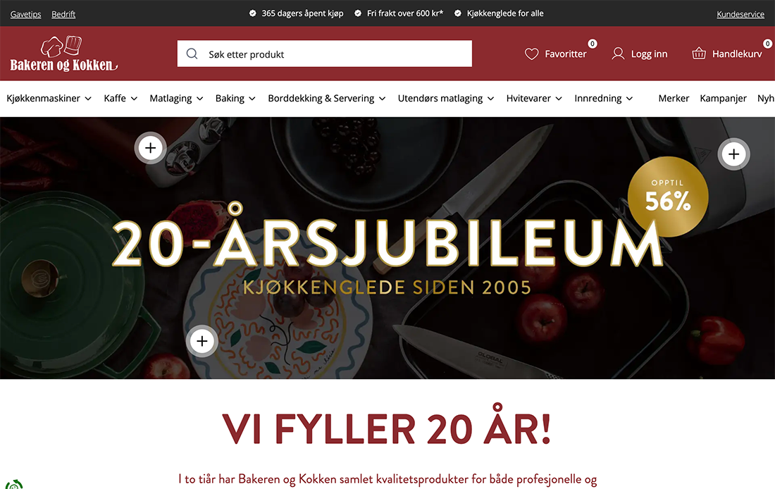 Skjermbilde av Bakeren og Kokken nettbutikk – stort utvalg av kjøkkenredskaper og maskiner