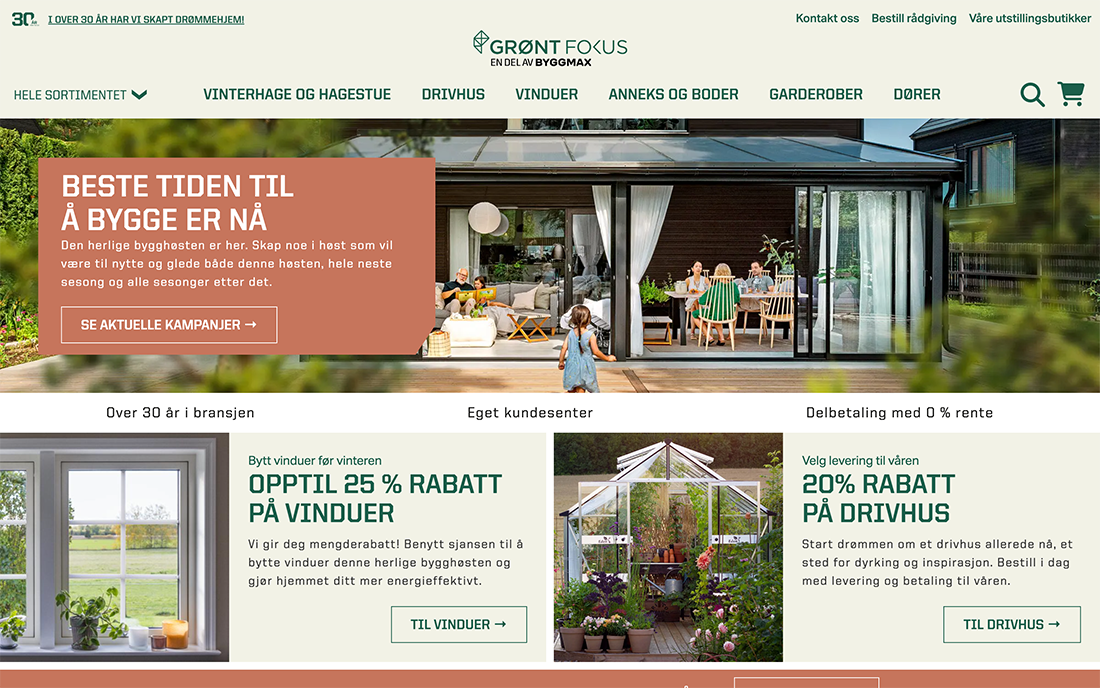 Skjermbilde av forsiden til Grønt Fokus – norsk nettbutikk for drivhus, hagestuer og uteromsprodukter