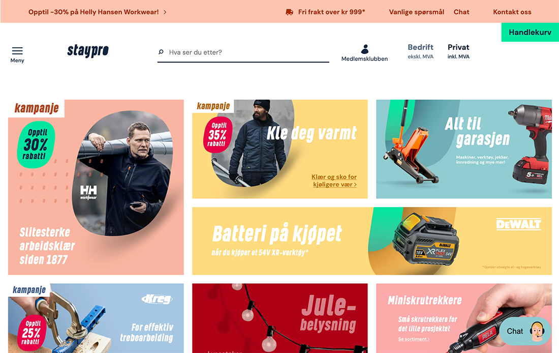 Skjermbilde av Staypro nettbutikk – stort utvalg av verktøy, maskiner og hageutstyr